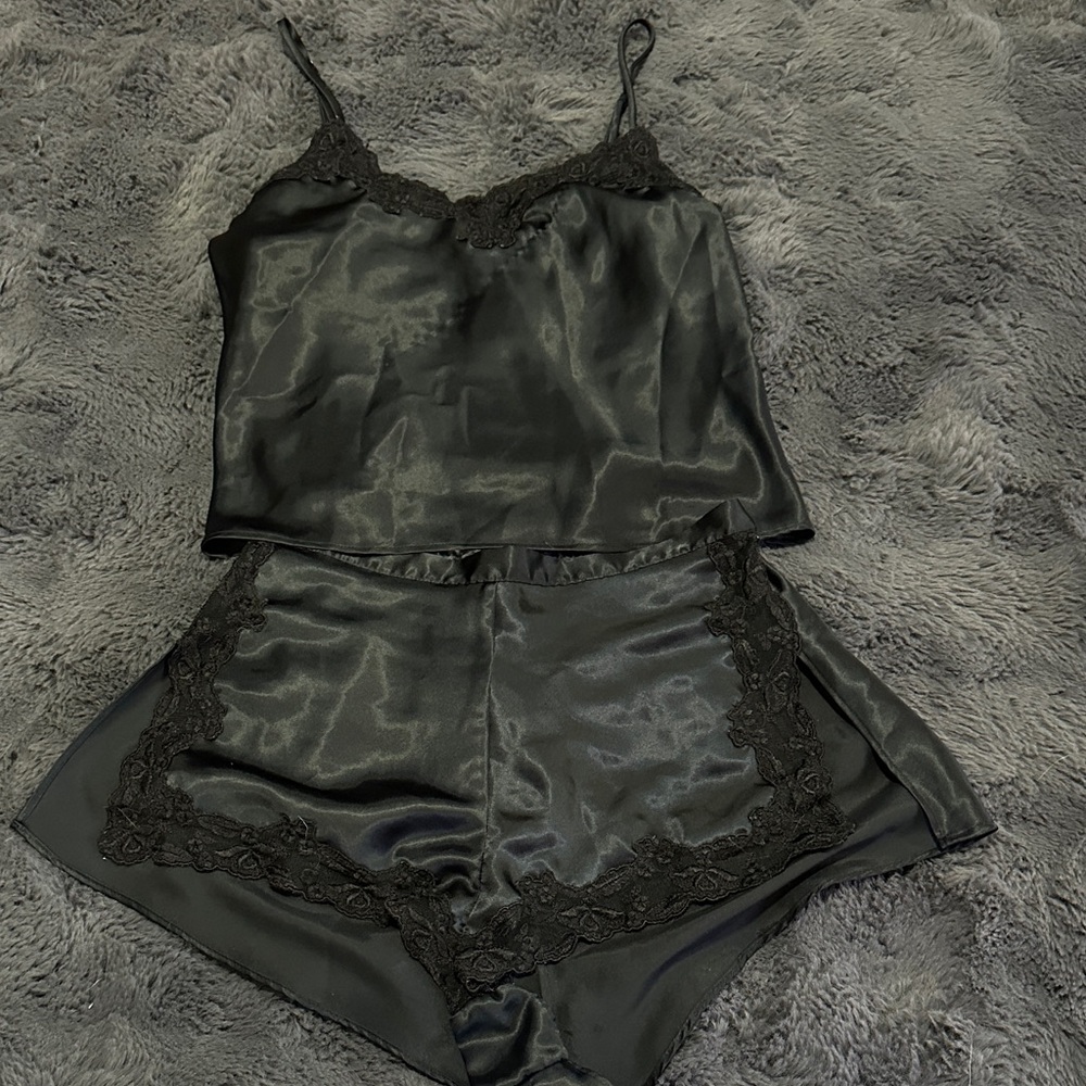 Victoria's Secret Black Satin Lace Pajama Set